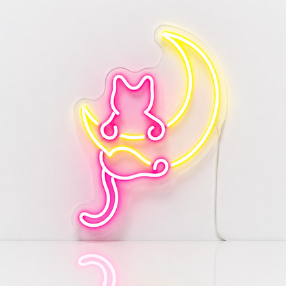 Néon LED Chat & Lune – Décoration Murale Lumineuse