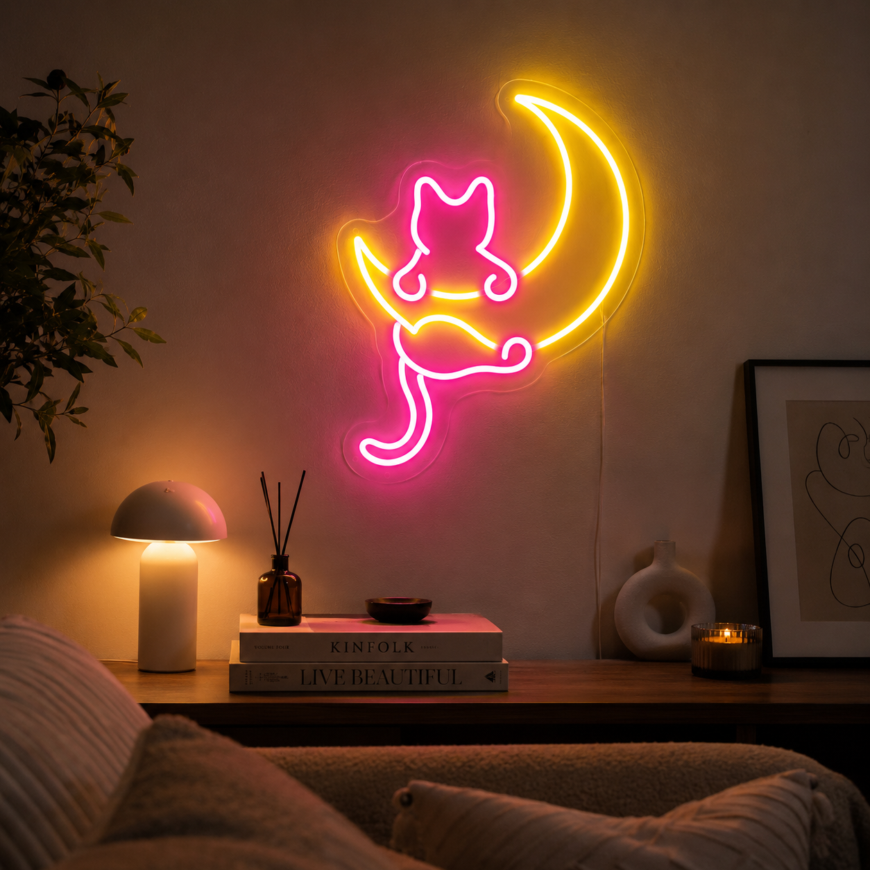 Néon LED Chat & Lune – Décoration Murale Lumineuse