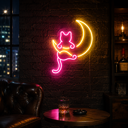 Néon LED Chat & Lune – Décoration Murale Lumineuse