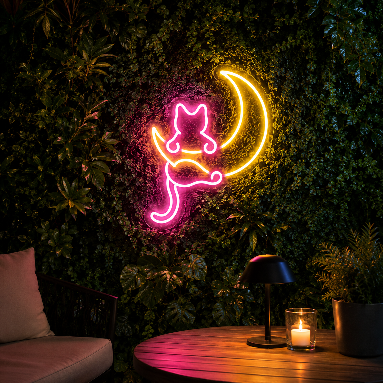 Néon LED Chat & Lune – Décoration Murale Lumineuse